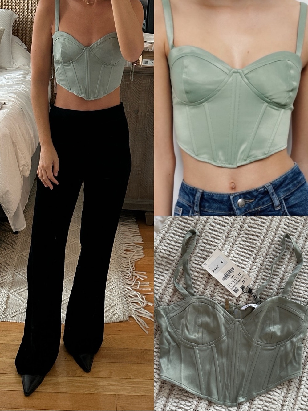 ZARA SATIN EFFECT CORSET TOP TANK SEA FOAM LIGHT SAGE GREEN SMALL 7484/055